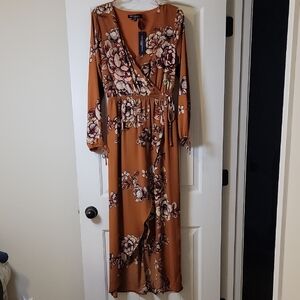 One Clothing Floral Long Sleeve Dress in Brown and Cream
